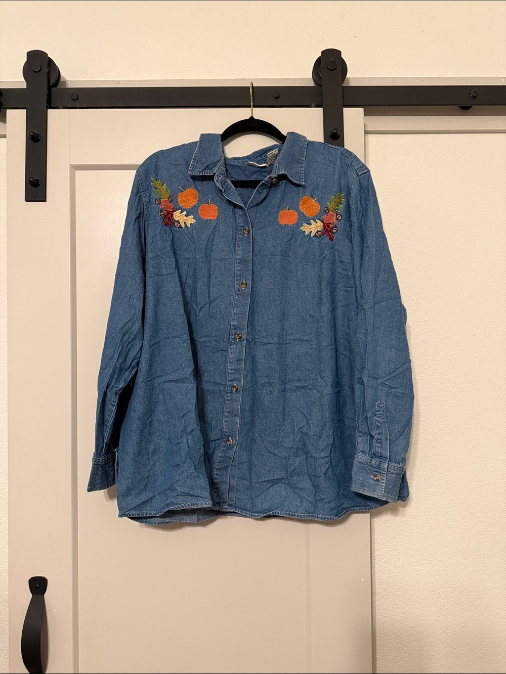 Cherokee Blue Chambray Button-Down Shirt with Pumpkin Embroidery